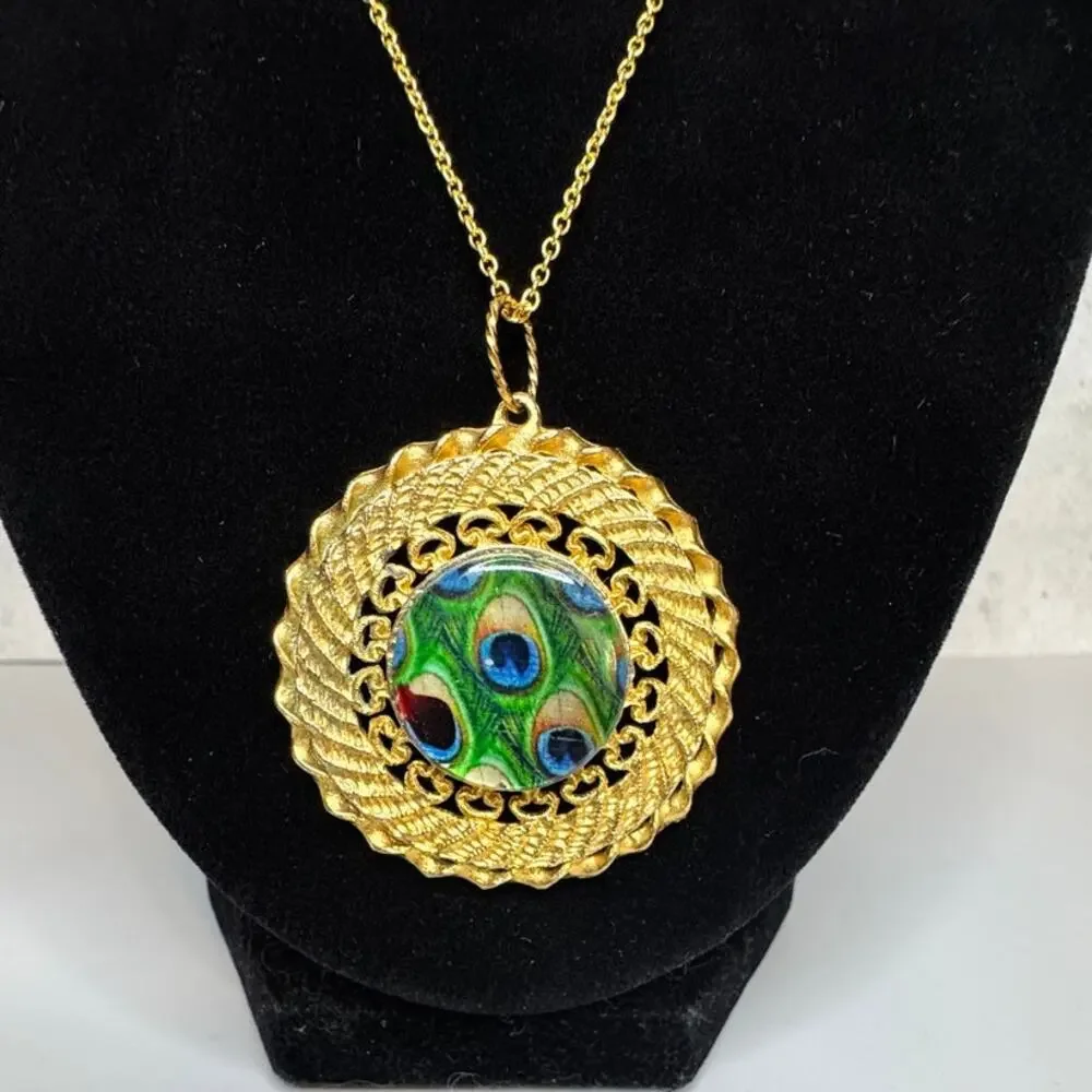 VNTG Gold Vermeil 925 Sterling Silver Peacock Feather Pendant Necklace Boho